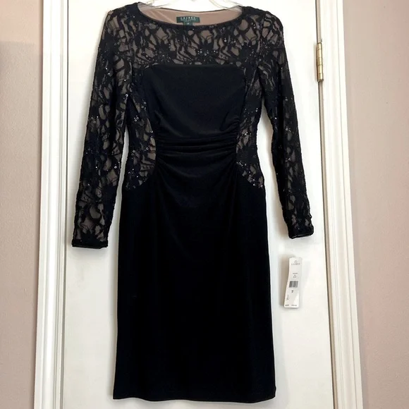 Ralph Lauren Black & Tan Lace Long Sleeved Dress - Picture 1 of 5